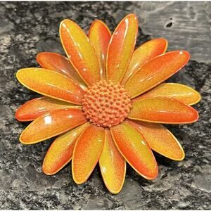 Vintage Large Orange Yellow & Red Enamel on Metal Fall Floral Flower Brooch Pin